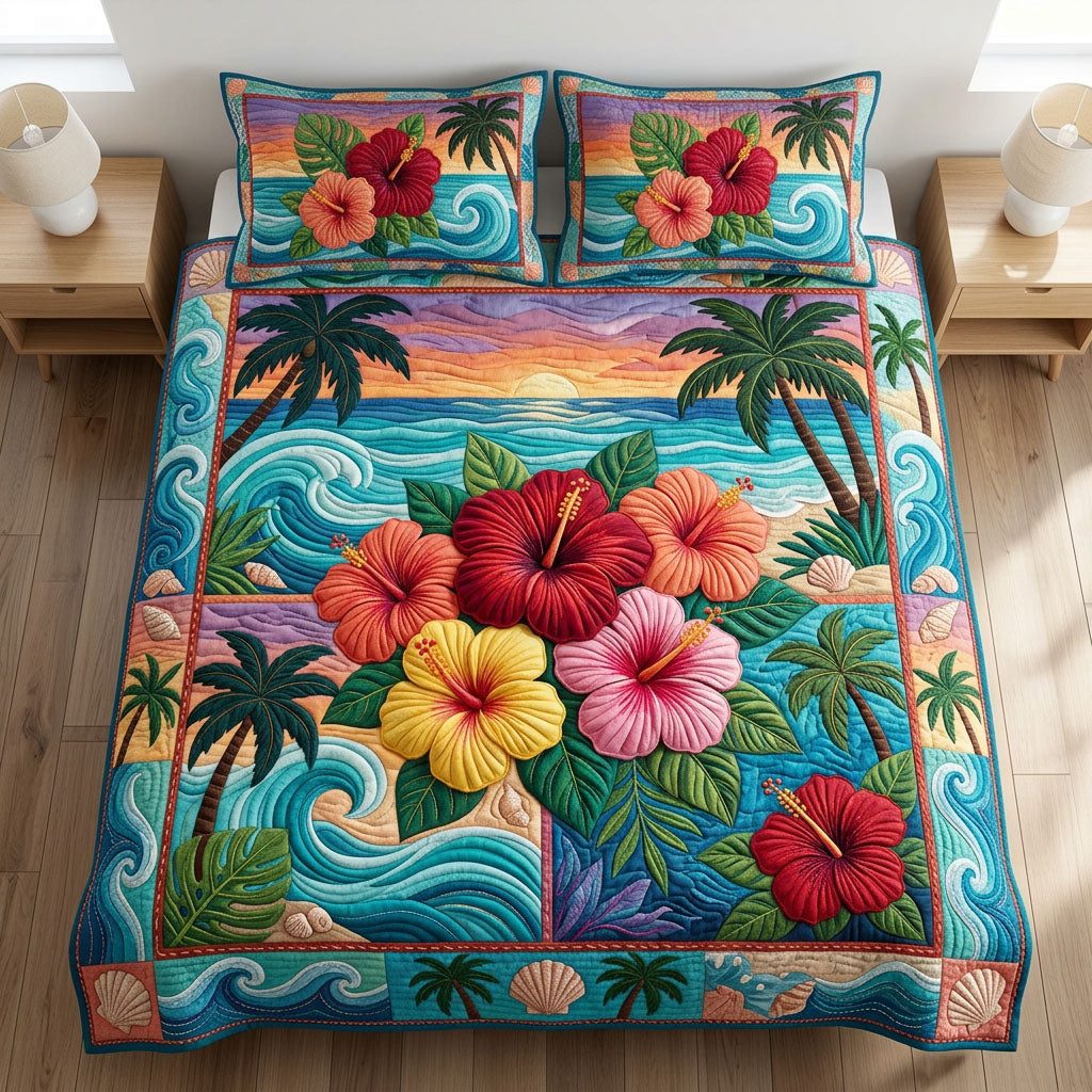 Sunset Hibiscus quilted 3-piece bedding set on a made bed with two matching pillow shams