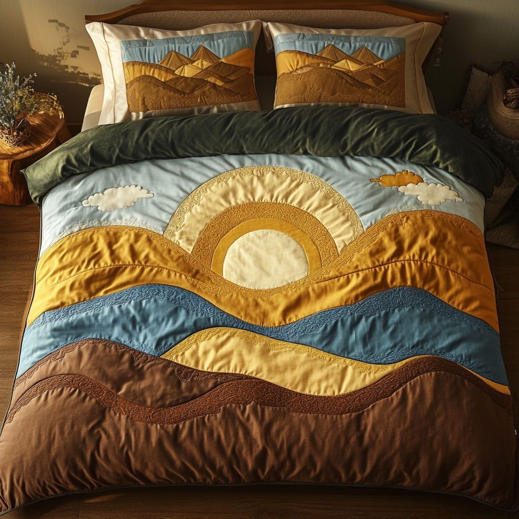 Sunset Hills quilted 3-piece bedding set on a made bed with two matching pillow shams