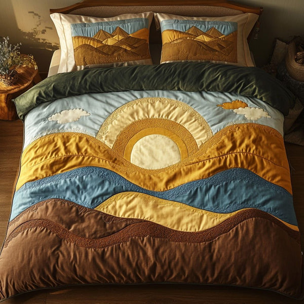 Sunset Hills quilted 3-piece bedding set on a made bed with two matching pillow shams