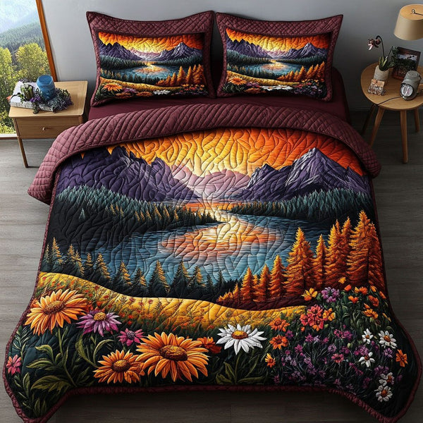 Sunset Hills quilted 3-piece bedding set on a made bed with two matching pillow shams