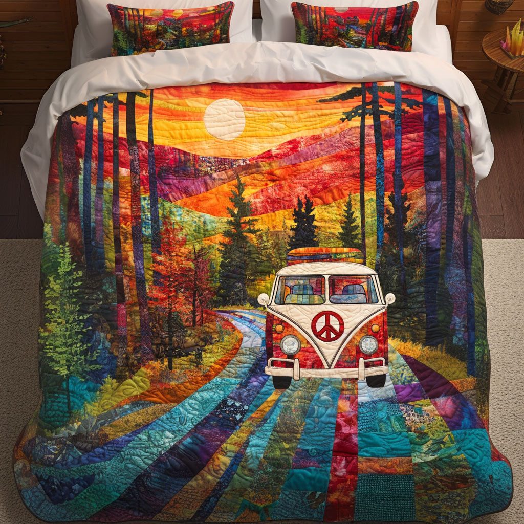 Sunset Hippie Ride quilted 3-piece bedding set on a made bed with two matching pillow shams