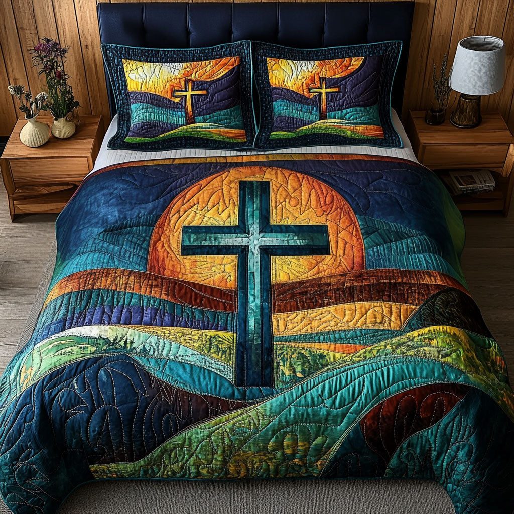 Sunset Horizon Cross quilted 3-piece bedding set on a made bed in a softly lit bedroom