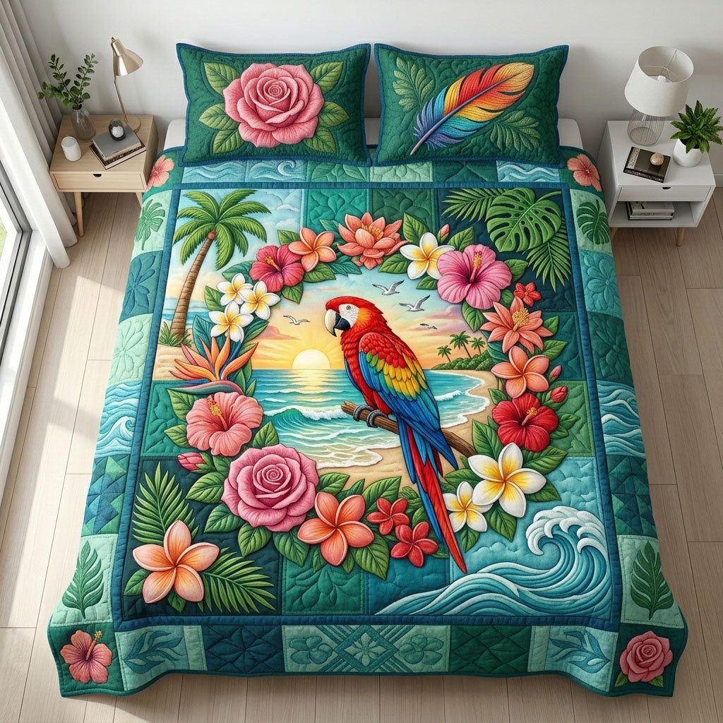 Sunset Horizon quilted 3-piece bedding set on a made bed with two matching pillow shams