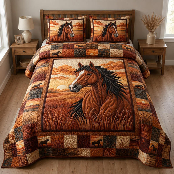 Sunset Horse quilted 3-piece bedding set on a made bed in a rustic timber bedroom