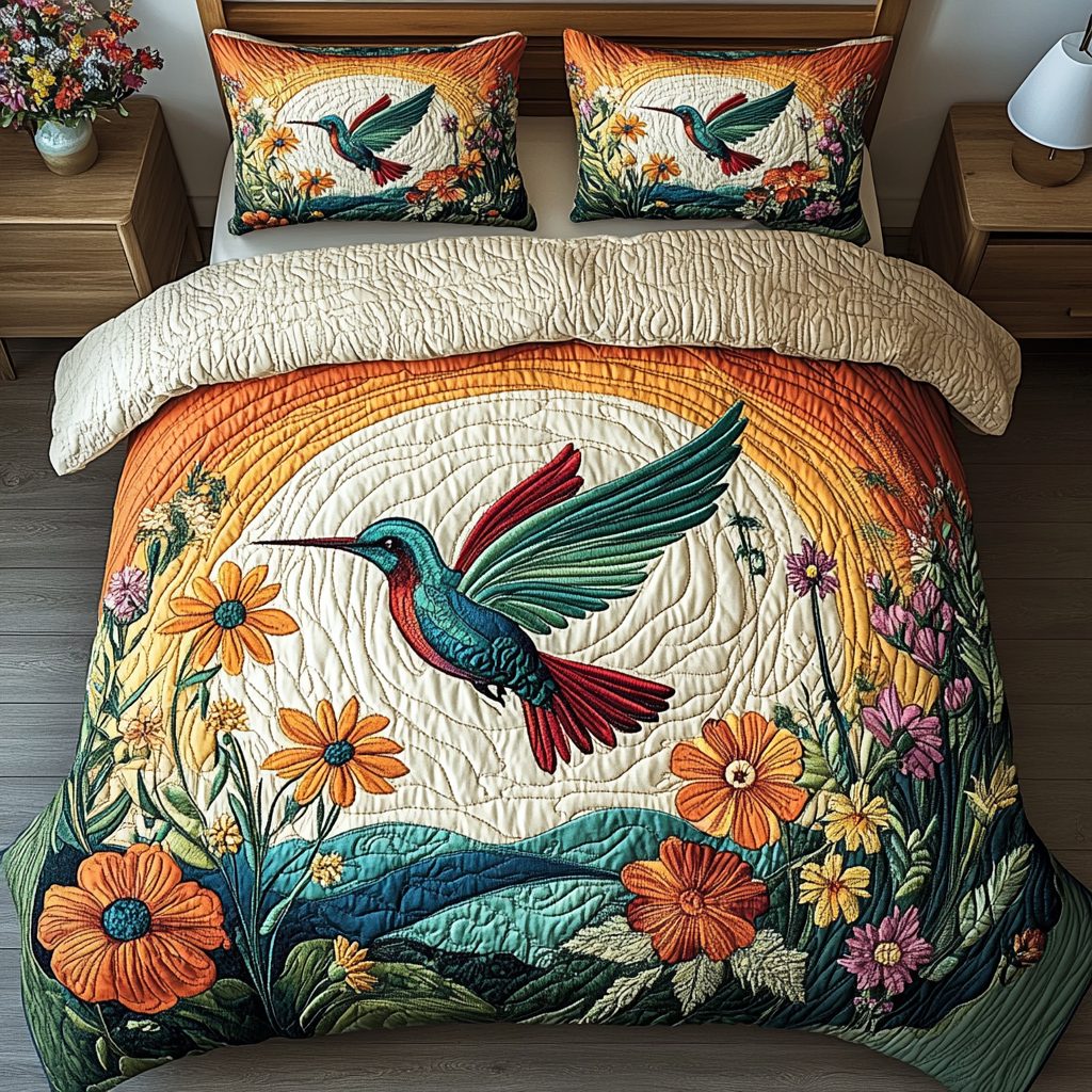 Sunset Hummingbird quilted 3-piece bedding set on a made bed with two matching pillow shams