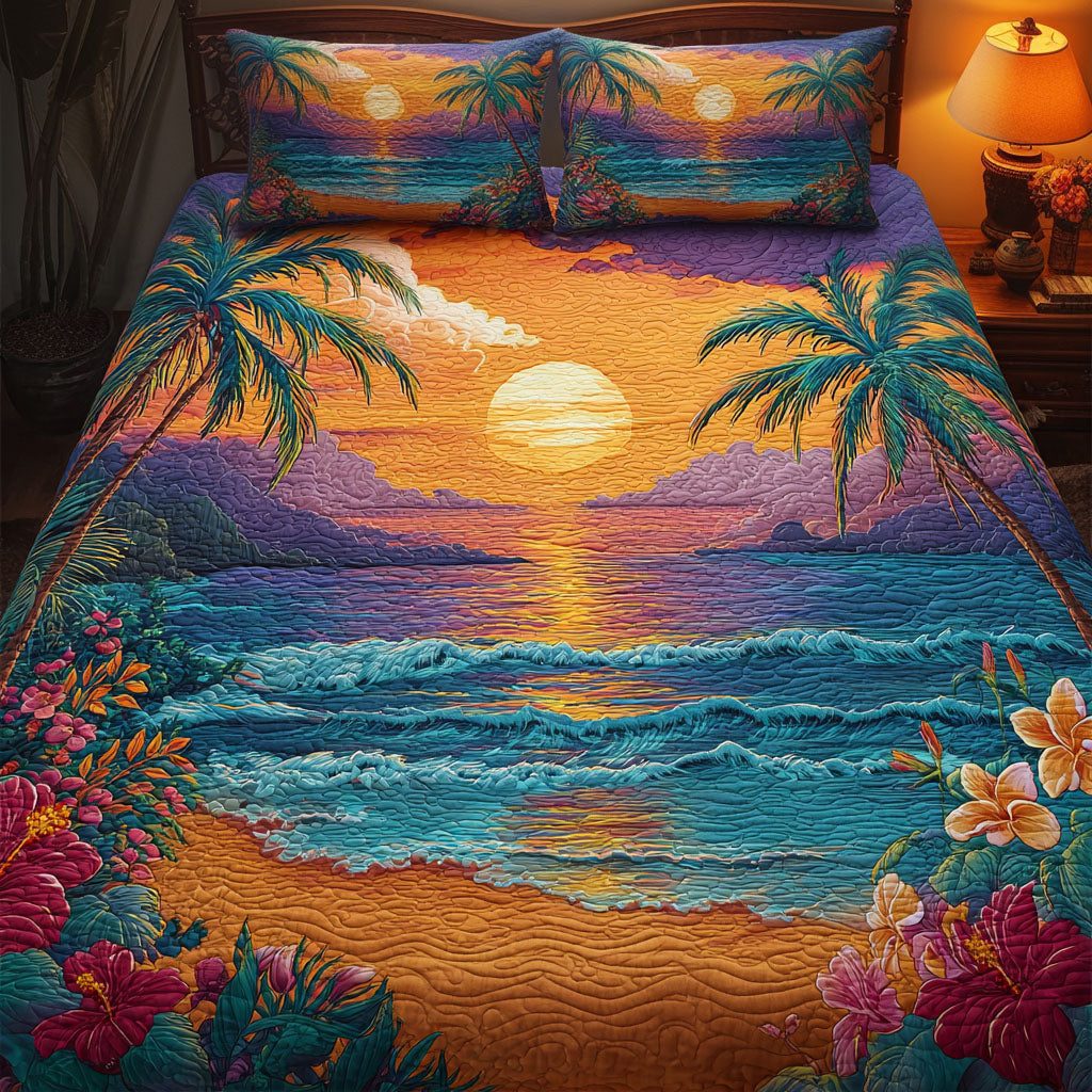 Sunset Island quilted 3-piece bedding set on a made bed in a light coastal bedroom