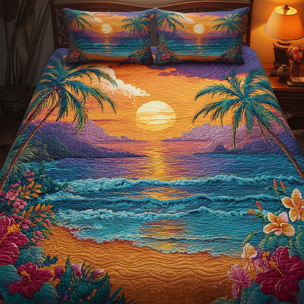 Sunset Island quilted 3-piece bedding set on a made bed in a light coastal bedroom