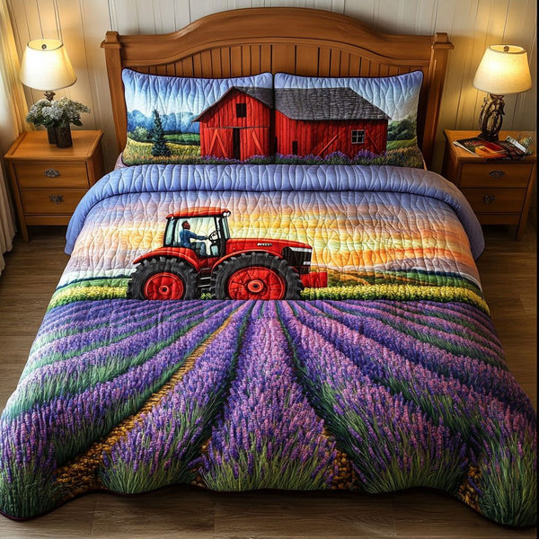 Sunset Lavender quilted 3-piece bedding set on a made bed with two matching pillow shams