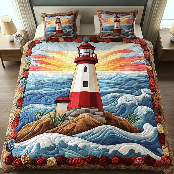 Sunset Lighthouse quilted 3-piece bedding set on a made bed in a light coastal bedroom