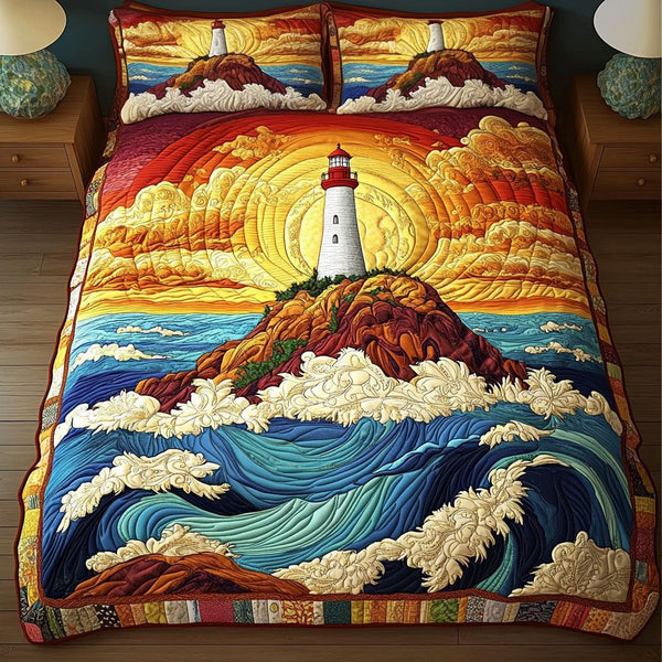 Sunset Lighthouse View quilted 3-piece bedding set on a made bed in a light coastal bedroom