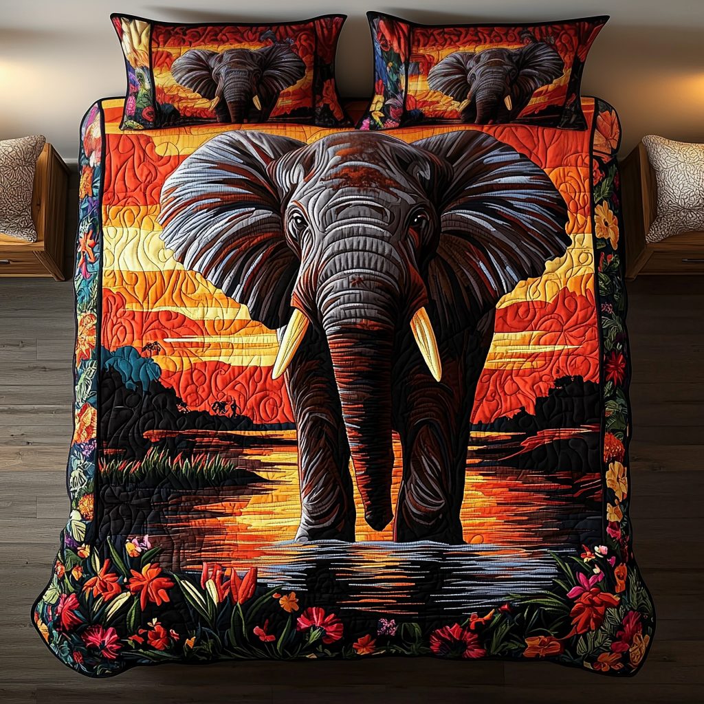 Sunset Majesty Elephant quilted 3-piece bedding set on a made bed with two matching pillow shams