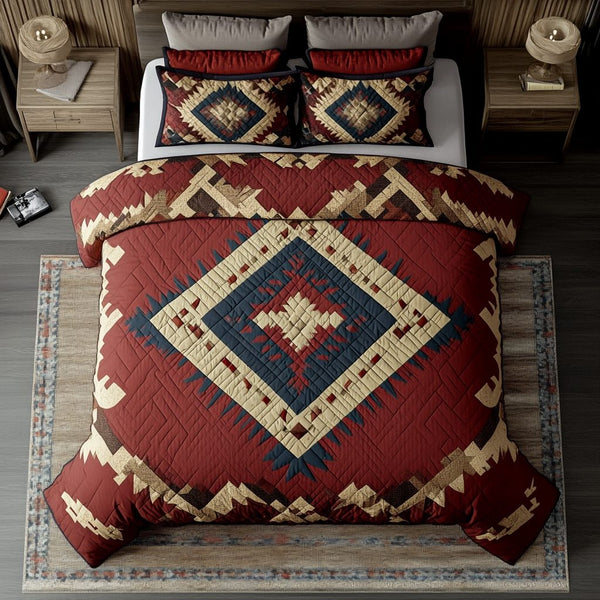 Sunset Mesa quilted 3-piece bedding set on a made bed with two matching pillow shams