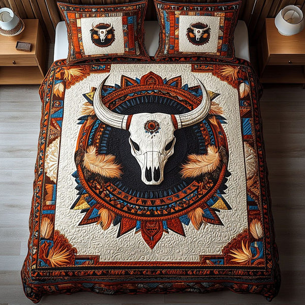 Sunset Mesa quilted 3-piece bedding set on a made bed with two matching pillow shams