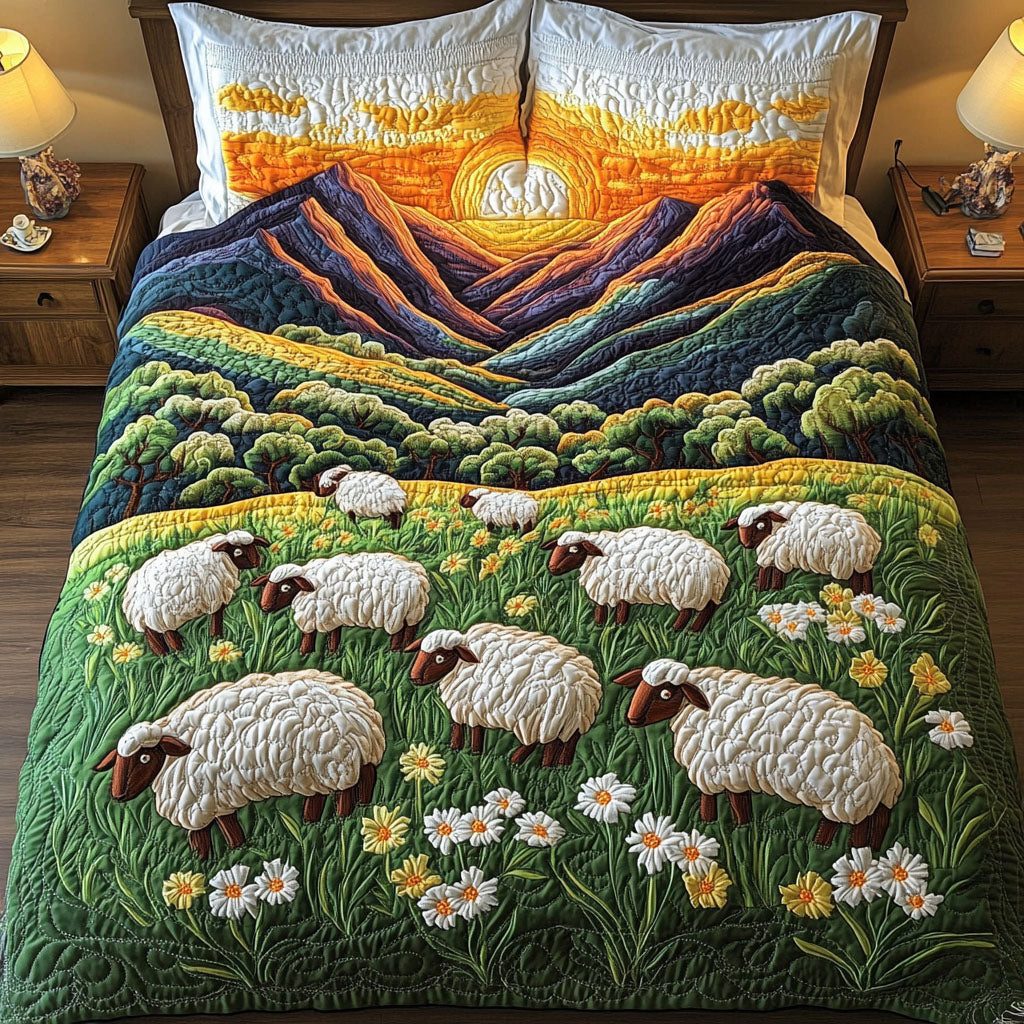 Sunset Mountain Sheep quilted 3-piece bedding set on a made bed with two matching pillow shams