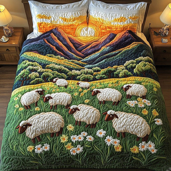 Sunset Mountain Sheep quilted 3-piece bedding set on a made bed with two matching pillow shams