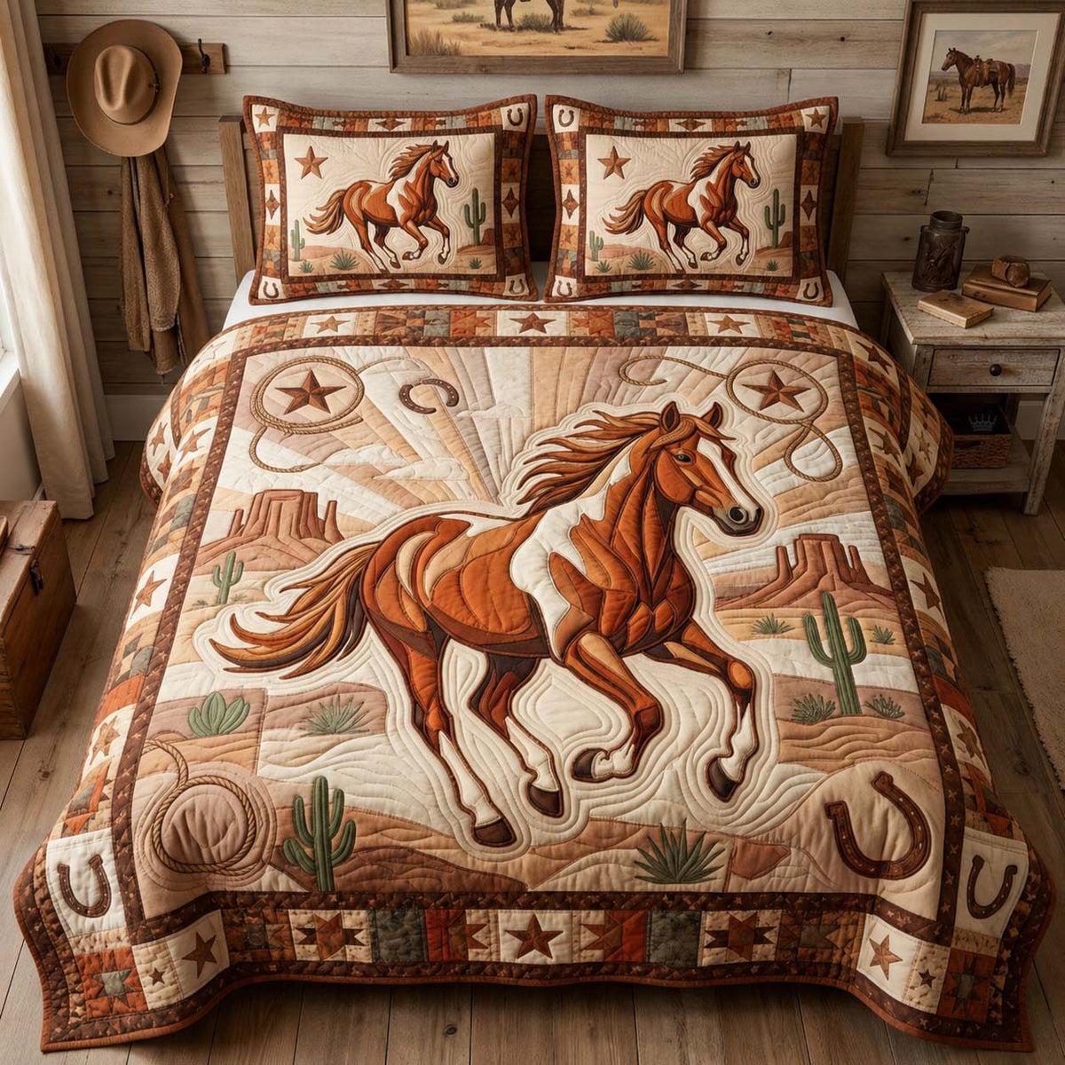 Sunset Mustang Spirit quilted 3-piece bedding set on a made bed with two matching pillow shams