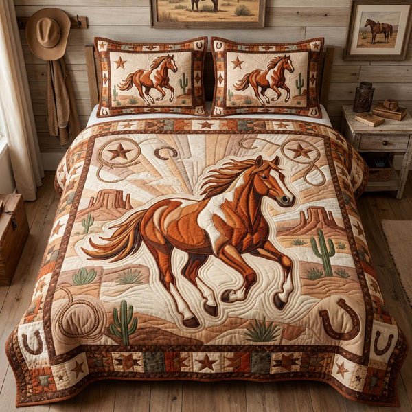 Sunset Mustang Spirit quilted 3-piece bedding set on a made bed with two matching pillow shams