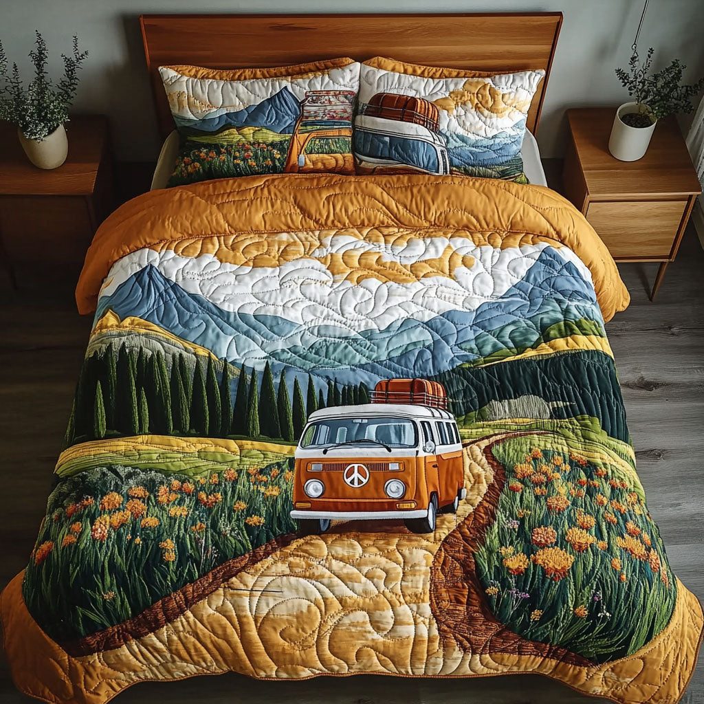 Sunset Nomad quilted 3-piece bedding set on a made bed with two matching pillow shams