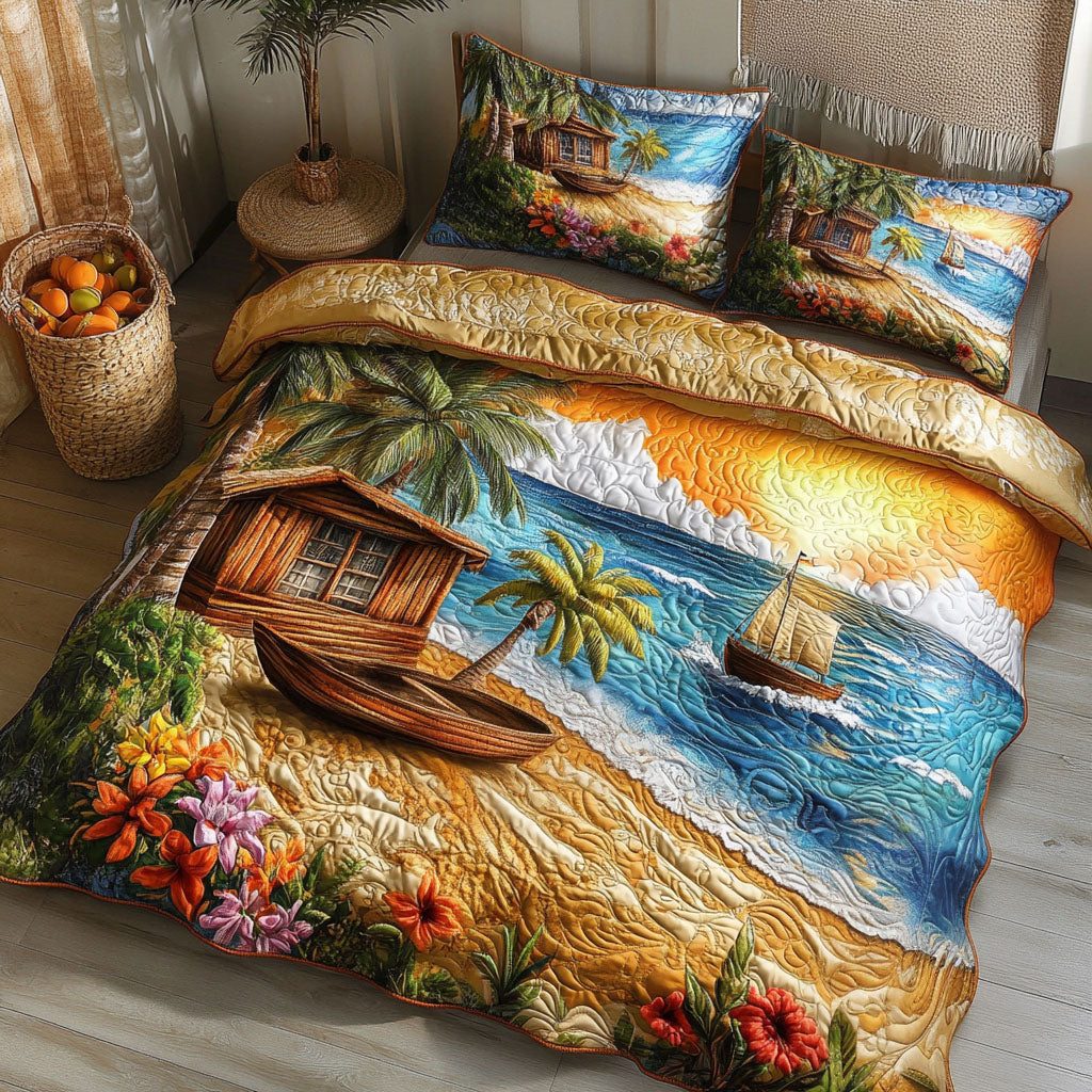 Sunset Ocean Retreat quilted 3-piece bedding set on a made bed in a light coastal bedroom