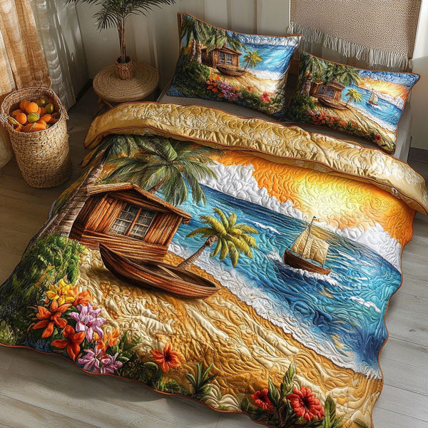 Sunset Ocean Retreat quilted 3-piece bedding set on a made bed in a light coastal bedroom