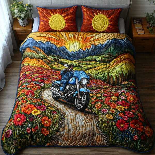Sunset on Wheels quilted 3-piece bedding set on a made bed with two matching pillow shams