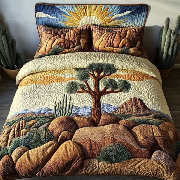 Sunset Over Joshua quilted 3-piece bedding set on a made bed with two matching pillow shams