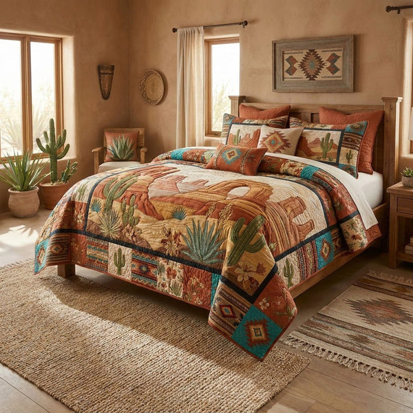 Sunset Over the Mesa quilted 3-piece bedding set on a made bed with two matching pillow shams