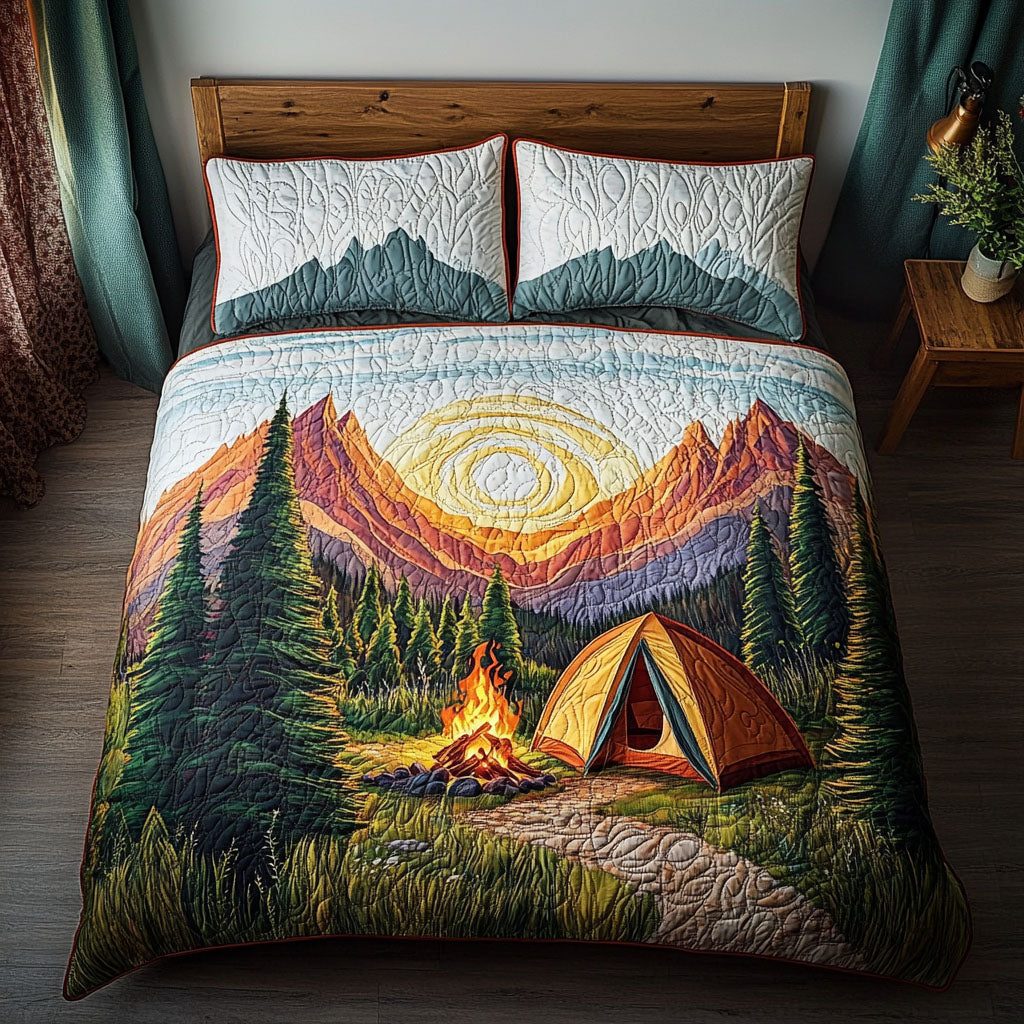 Sunset Over the Peaks quilted 3-piece bedding set on a made bed with two matching pillow shams