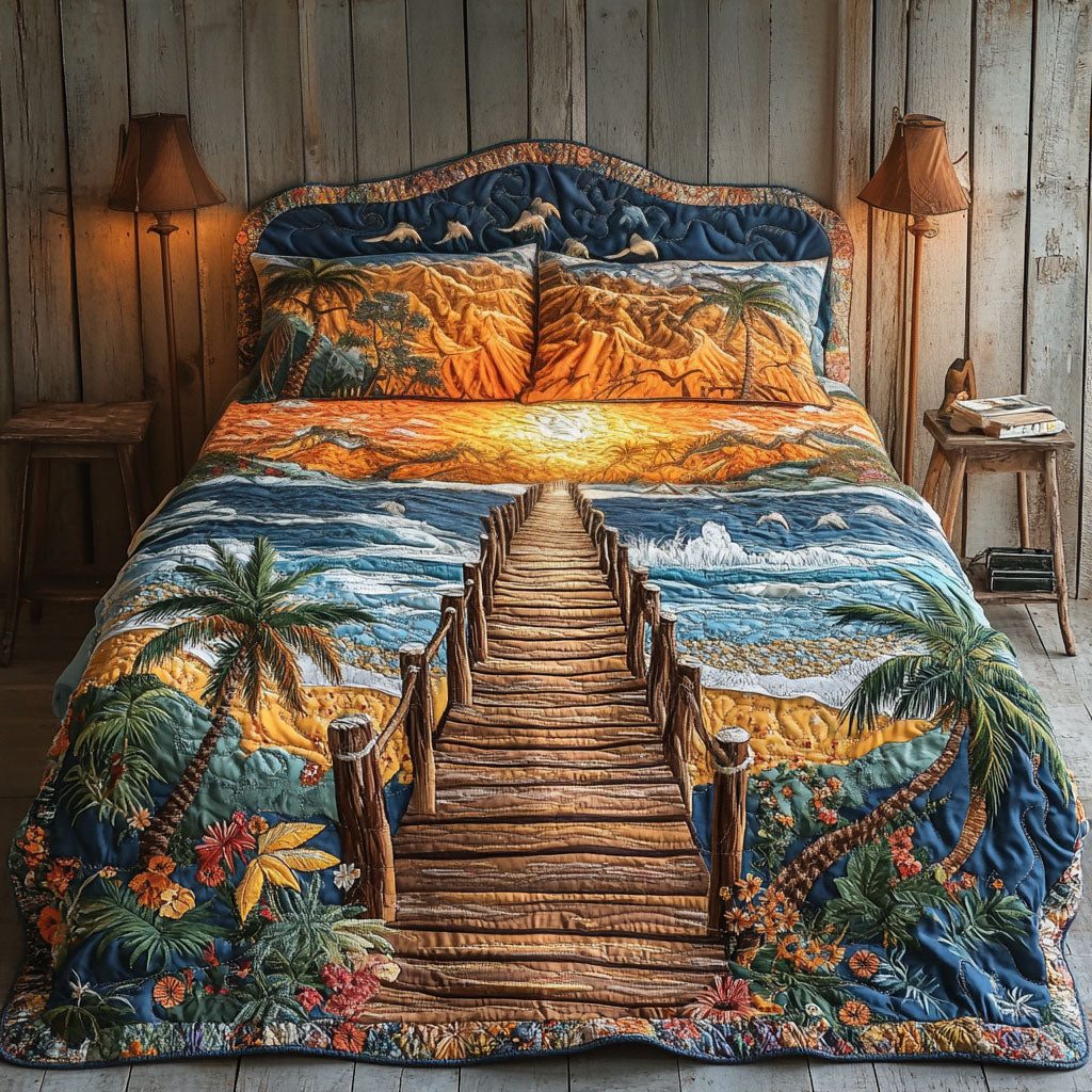 Sunset Over the Pier quilted 3-piece bedding set on a made bed with two matching pillow shams
