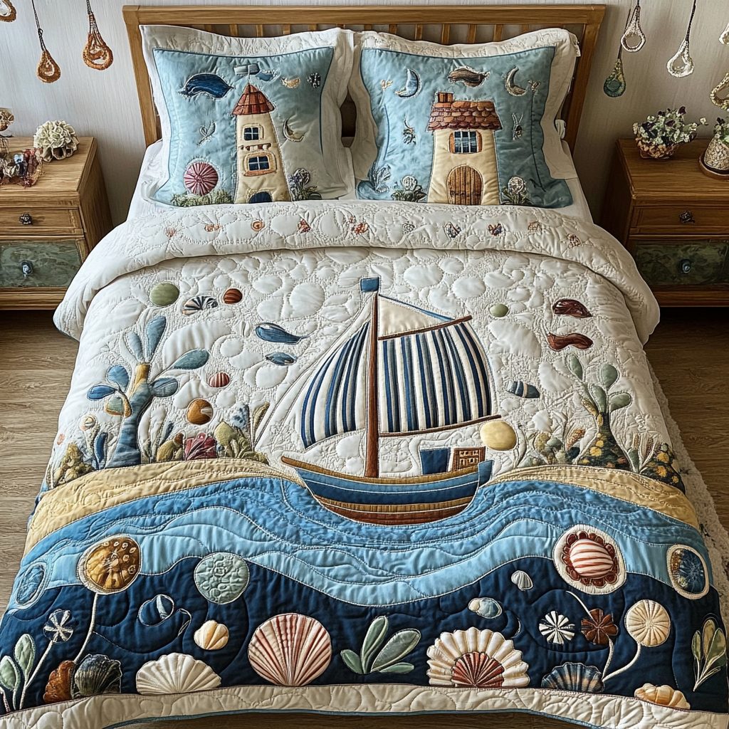 Sunset Over the Sea quilted 3-piece bedding set on a made bed in a light coastal bedroom