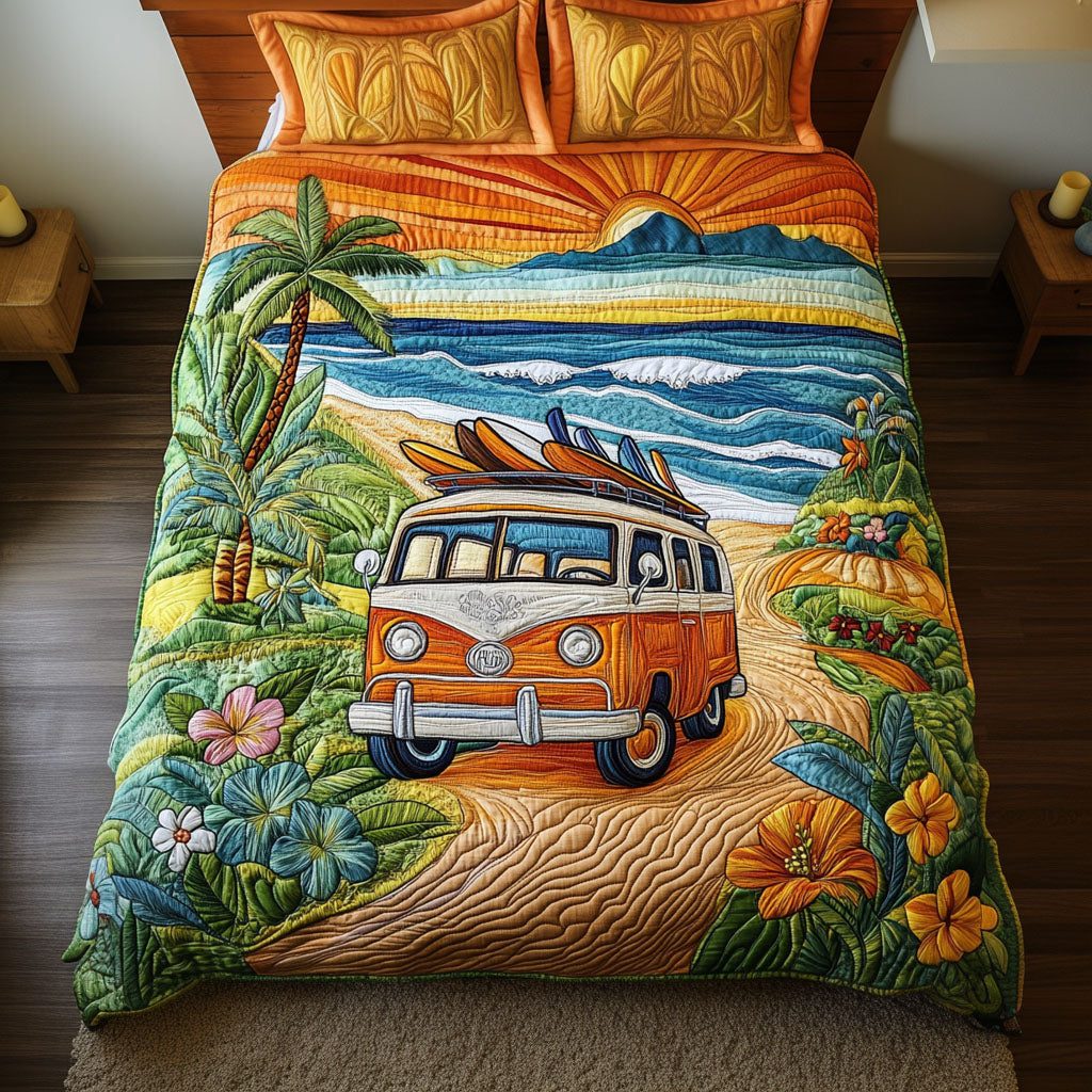 Sunset Palm Vibes quilted 3-piece bedding set on a made bed in a light coastal bedroom