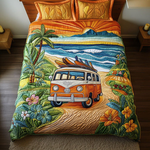 Sunset Palm Vibes quilted 3-piece bedding set on a made bed in a light coastal bedroom
