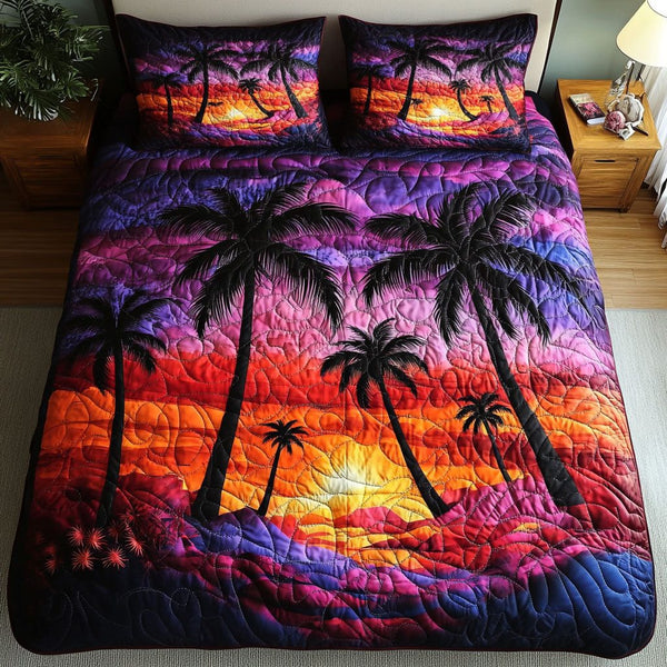 Sunset Palms quilted 3-piece bedding set on a made bed with two matching pillow shams