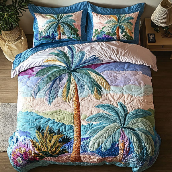 Sunset Palms quilted 3-piece bedding set on a made bed with two matching pillow shams