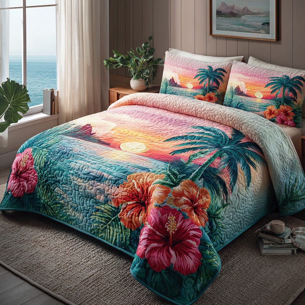 Sunset Palms quilted 3-piece bedding set on a made bed with two matching pillow shams