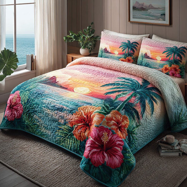 Sunset Palms quilted 3-piece bedding set on a made bed with two matching pillow shams