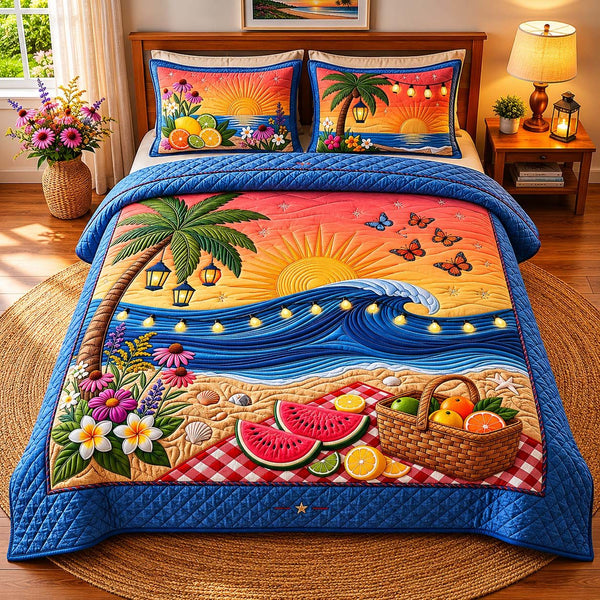 Sunset Paradise quilted 3-piece bedding set on a made bed with two matching pillow shams