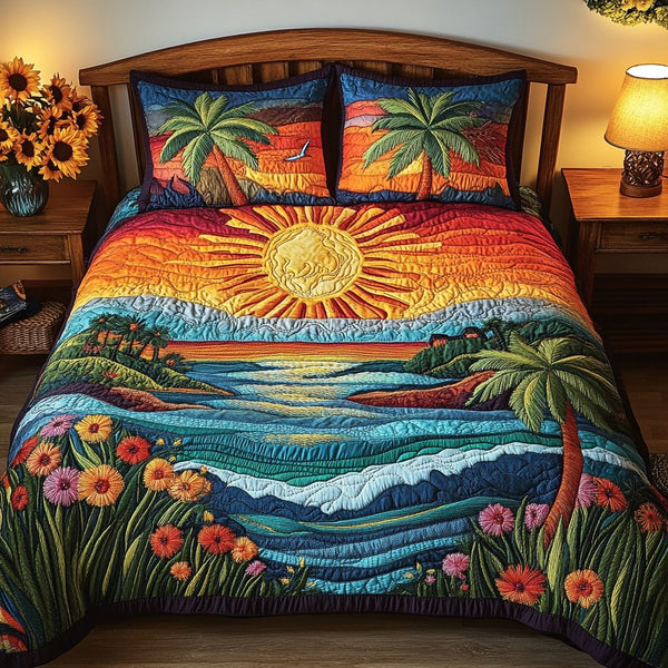Sunset Paradise quilted 3-piece bedding set on a made bed with two matching pillow shams