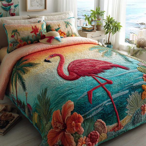 Sunset Paradise quilted 3-piece bedding set on a made bed with two matching pillow shams