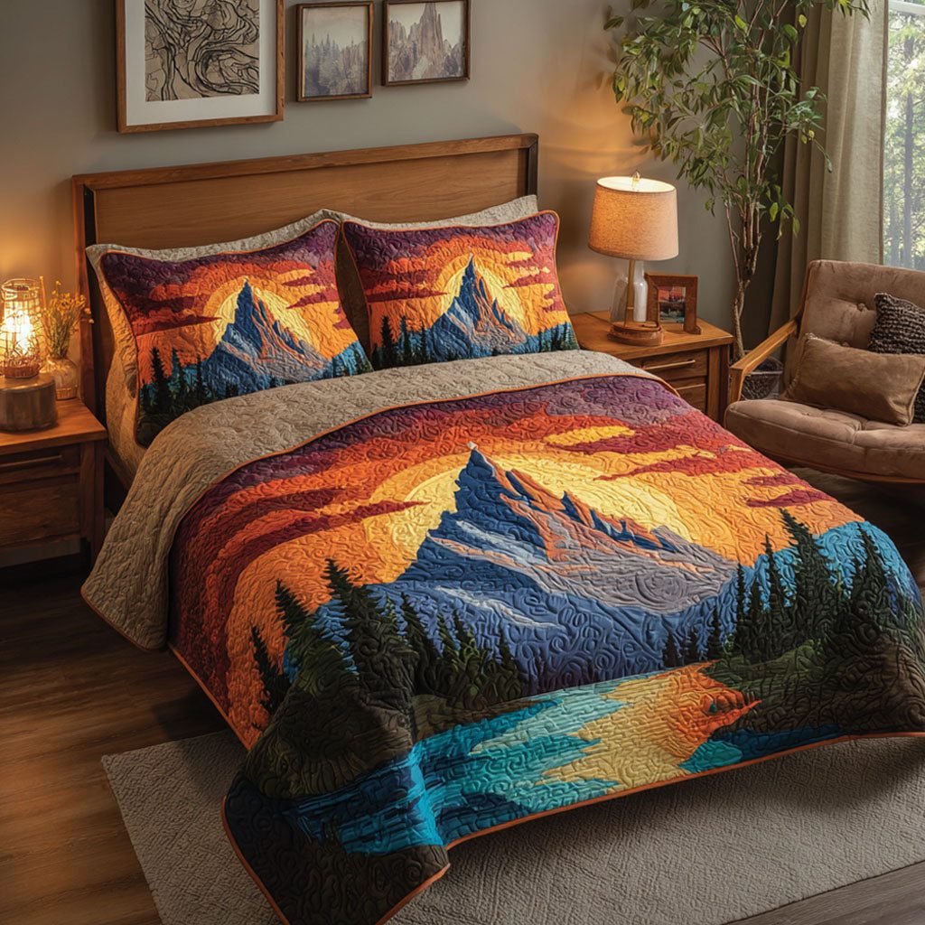 Sunset Path quilted 3-piece bedding set on a made bed with two matching pillow shams