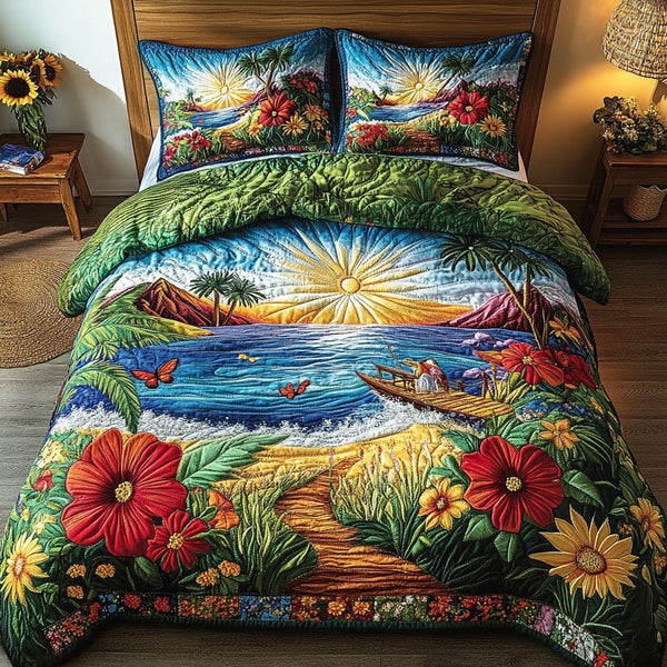 Sunset Pathway quilted 3-piece bedding set on a made bed with two matching pillow shams