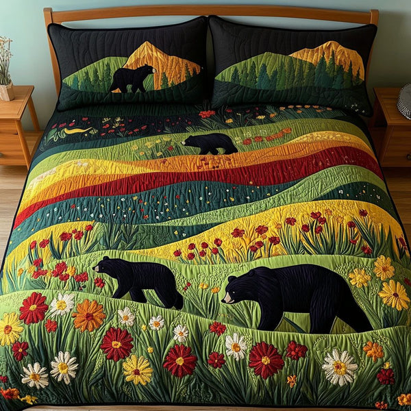 Sunset Paws quilted 3-piece bedding set on a made bed with two matching pillow shams