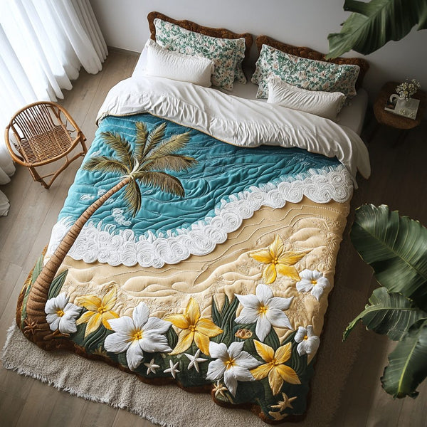 Sunset Petals quilted 3-piece bedding set on a made bed with two matching pillow shams