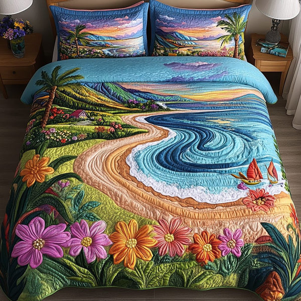 Sunset Petals quilted 3-piece bedding set on a made bed with two matching pillow shams