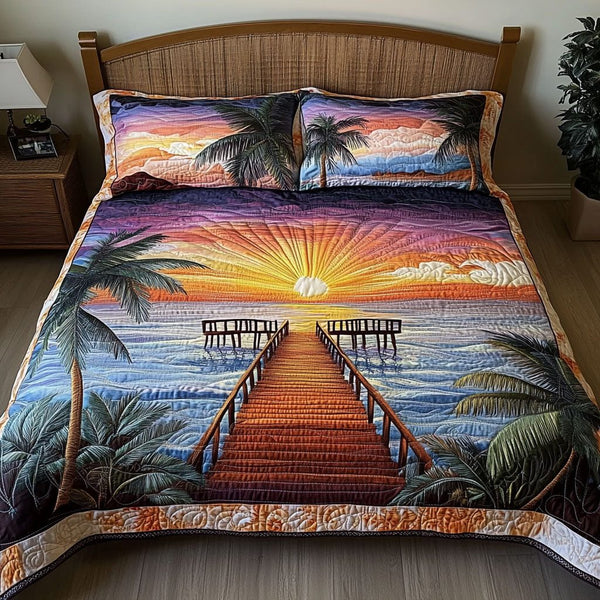 Sunset Pier Dream quilted 3-piece bedding set on a made bed with two matching pillow shams