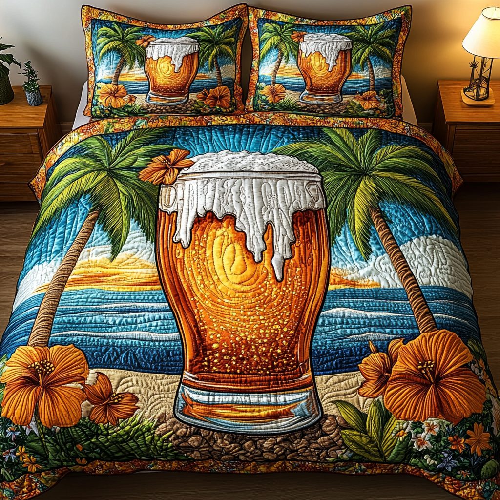 Sunset Pour quilted 3-piece bedding set on a made bed with two matching pillow shams