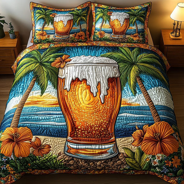 Sunset Pour quilted 3-piece bedding set on a made bed with two matching pillow shams