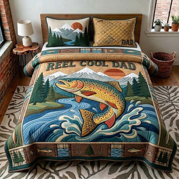 Sunset Reel Dad quilted 3-piece bedding set on a made bed with two matching pillow shams