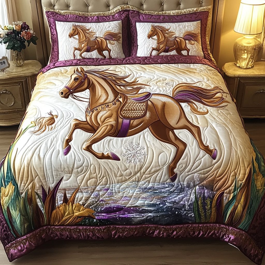 Sunset Ride quilted 3-piece bedding set on a made bed with two matching pillow shams