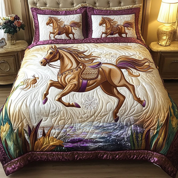Sunset Ride quilted 3-piece bedding set on a made bed with two matching pillow shams